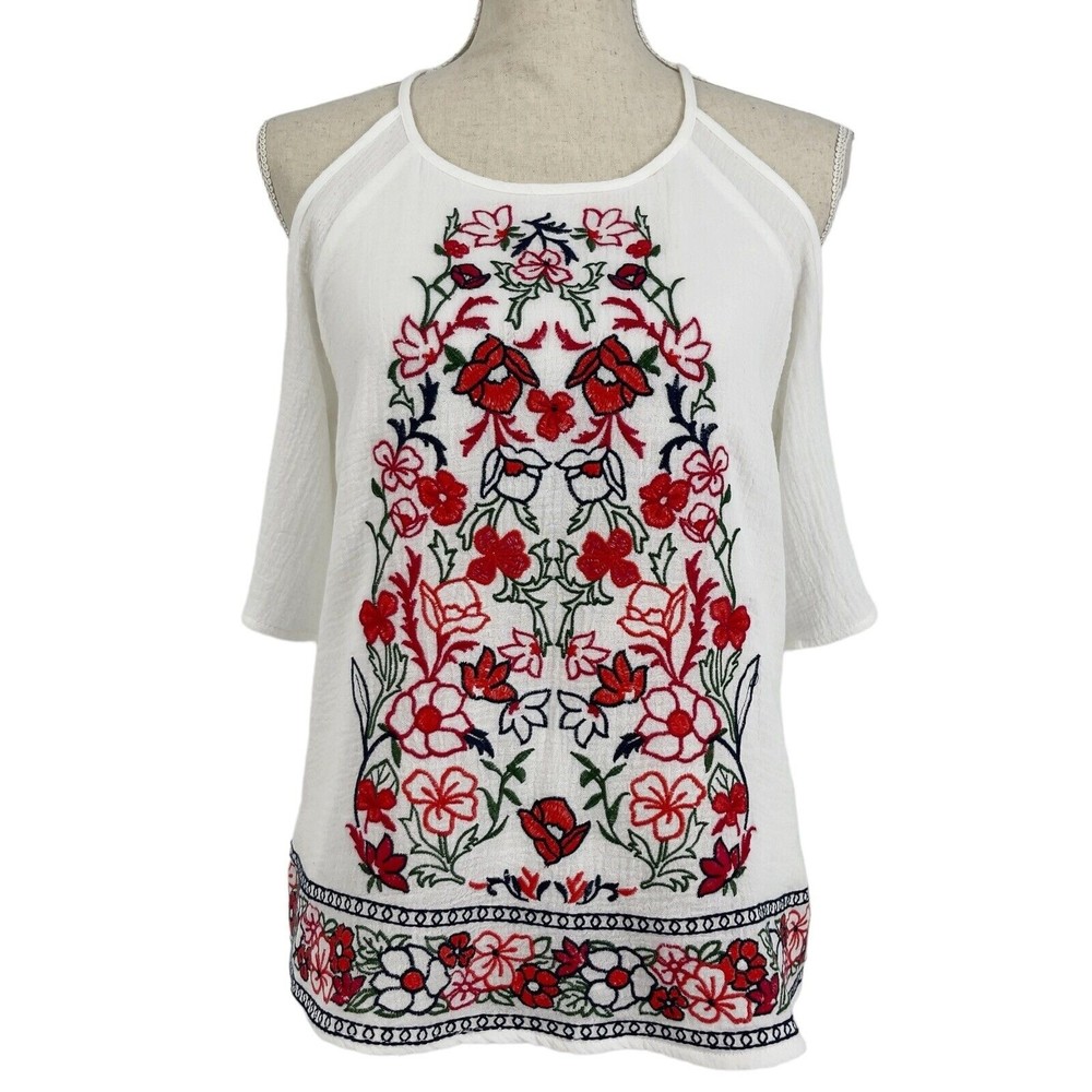 Skies Are Blue Blouse Boho Short Sleeve Cold Shoulder Embroidered Womens XS